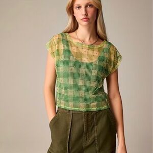 New J. Crew Green Plaid Rhinestone Mesh Crop Top